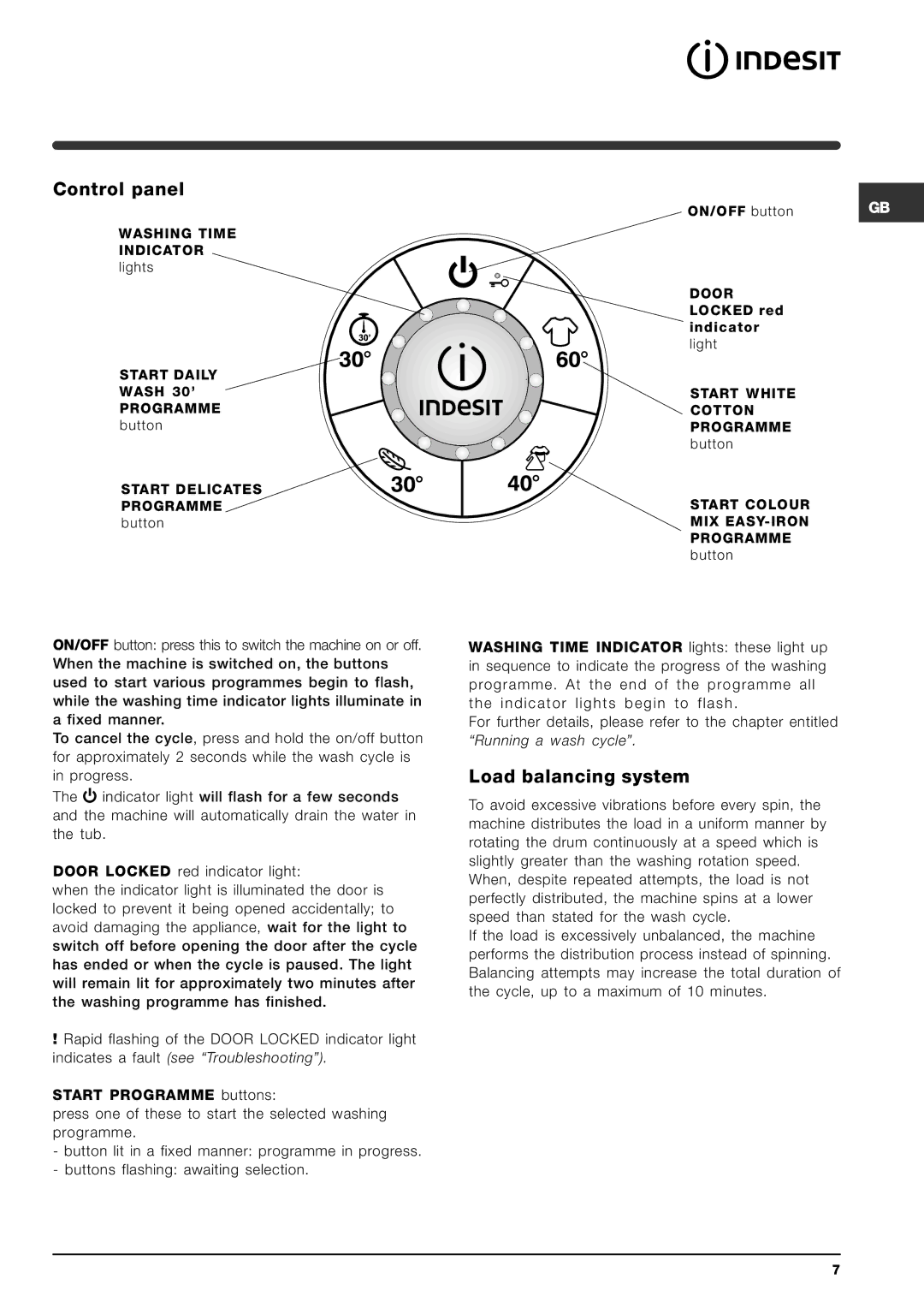 Indesit SIXL 149 D manual Control panel, Load balancing system 