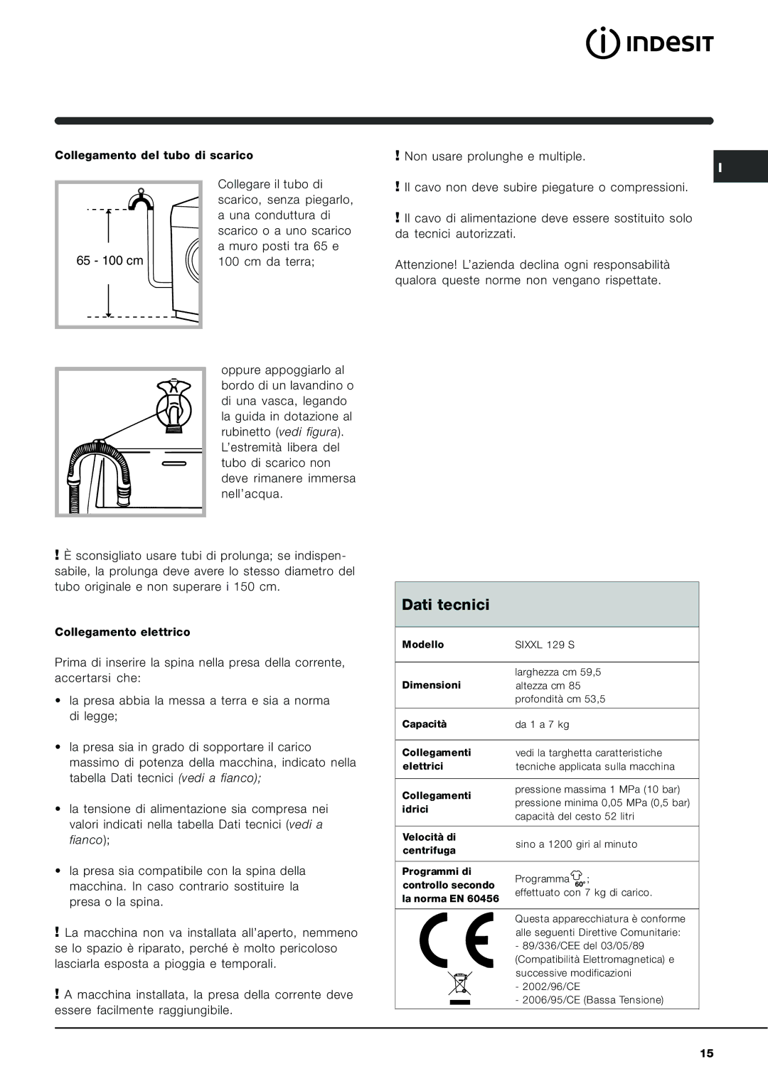 Indesit SIXXL 129 S manual Dati tecnici 