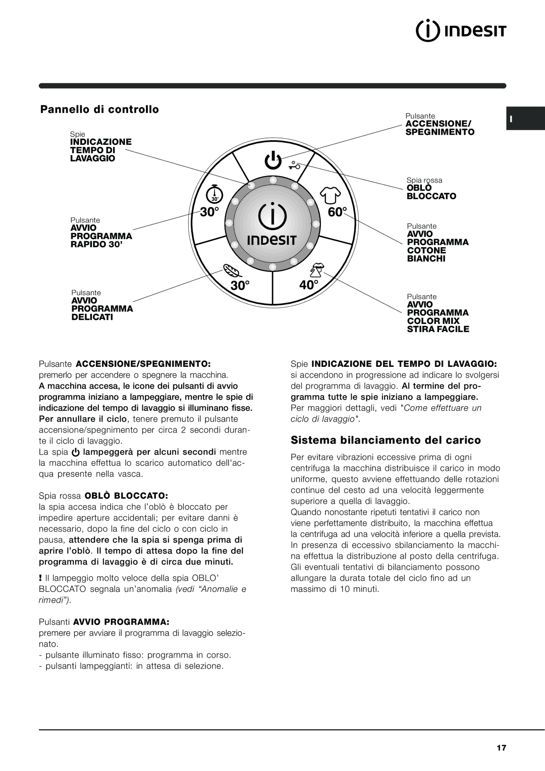 Indesit SIXXL 129 S manual Pannello di controllo, Sistema bilanciamento del carico 