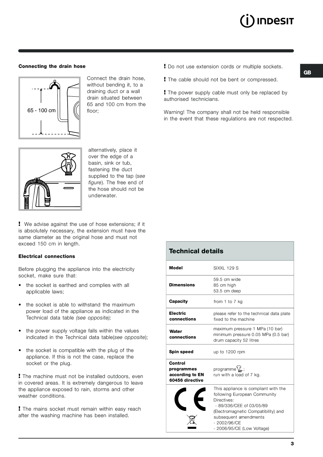 Indesit SIXXL 129 S manual Technical details, Sixxl 129 S 