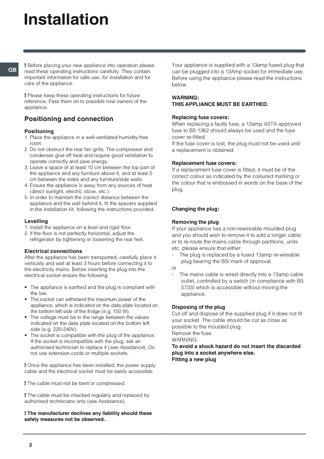 Indesit TA 5 S manual Installation, Positioning and connection, Levelling, Electrical connections 