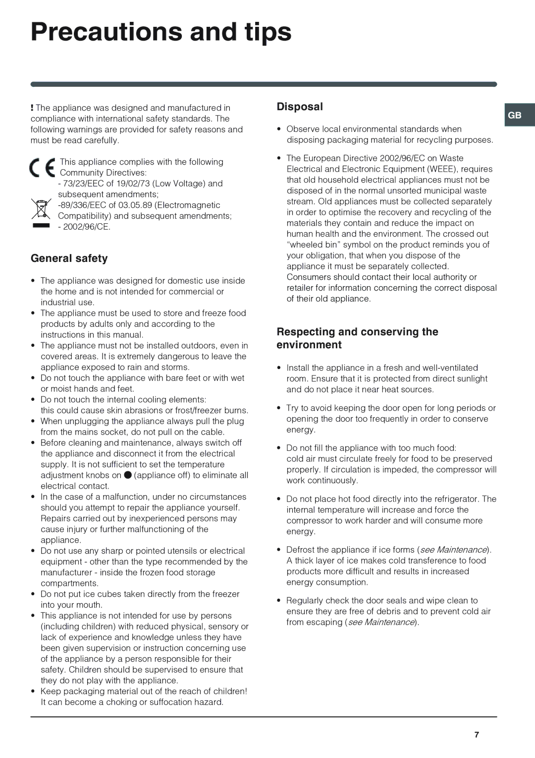 Indesit TA 5 S manual Precautions and tips, General safety, Disposal, Respecting and conserving the environment 