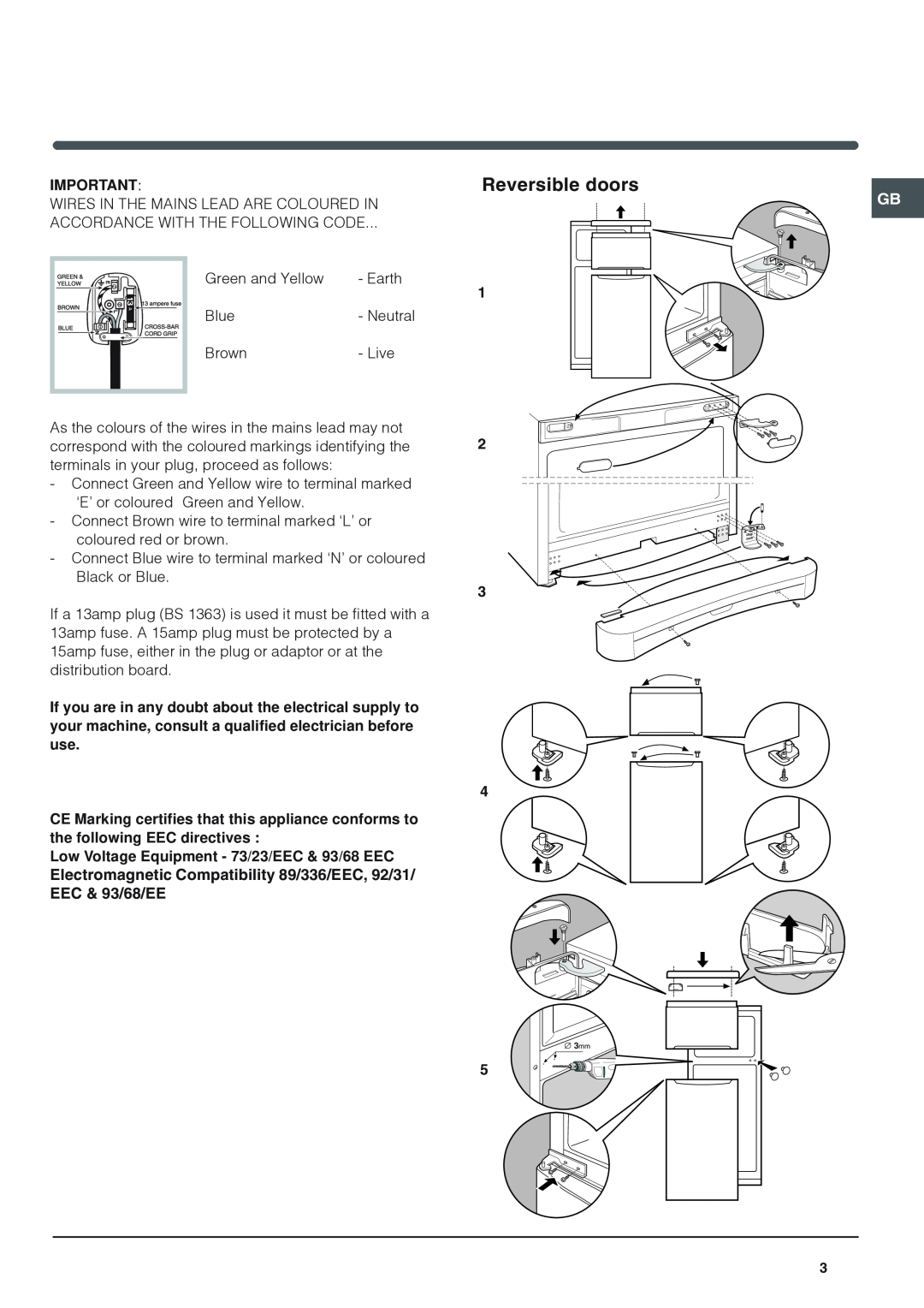Indesit TA 5 S manual Reversible doors, Electromagnetic Compatibility 89/336/EEC, 92/31, EEC & 93/68/EE 