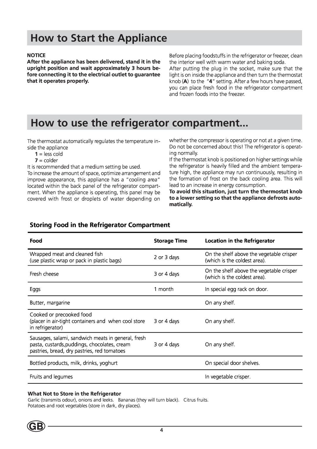 Indesit TA5-TA5S manual How to Start the Appliance, How to use the refrigerator compartment 