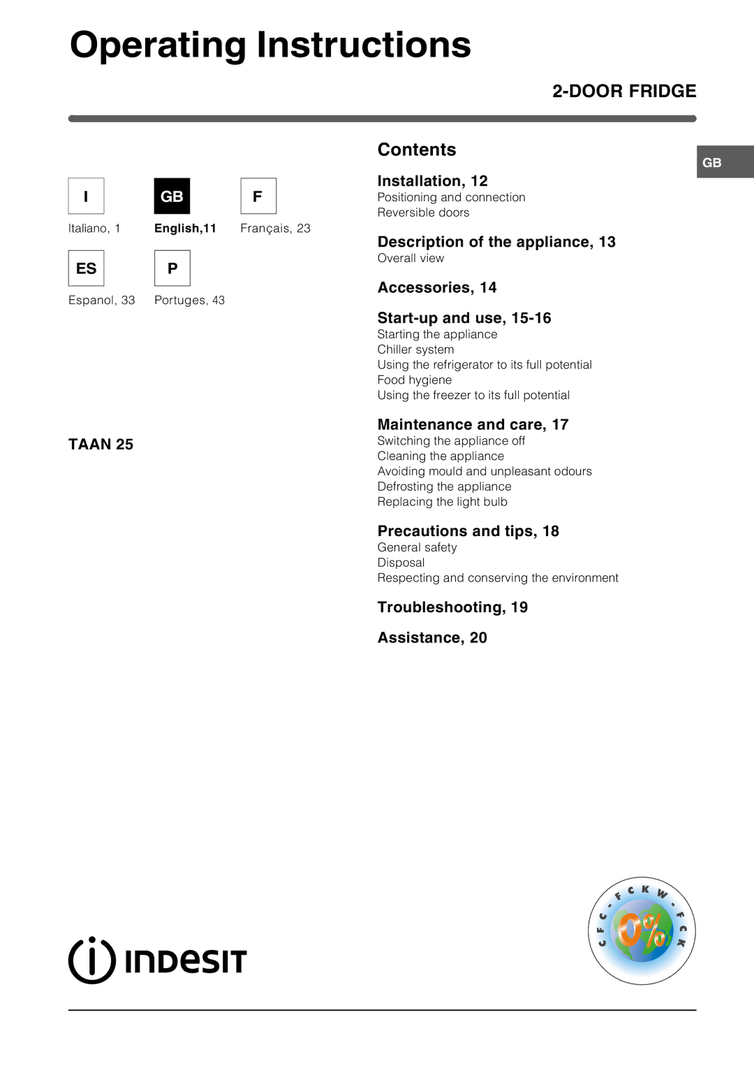 Indesit TAAN 25 operating instructions Operating Instructions, Door Fridge 