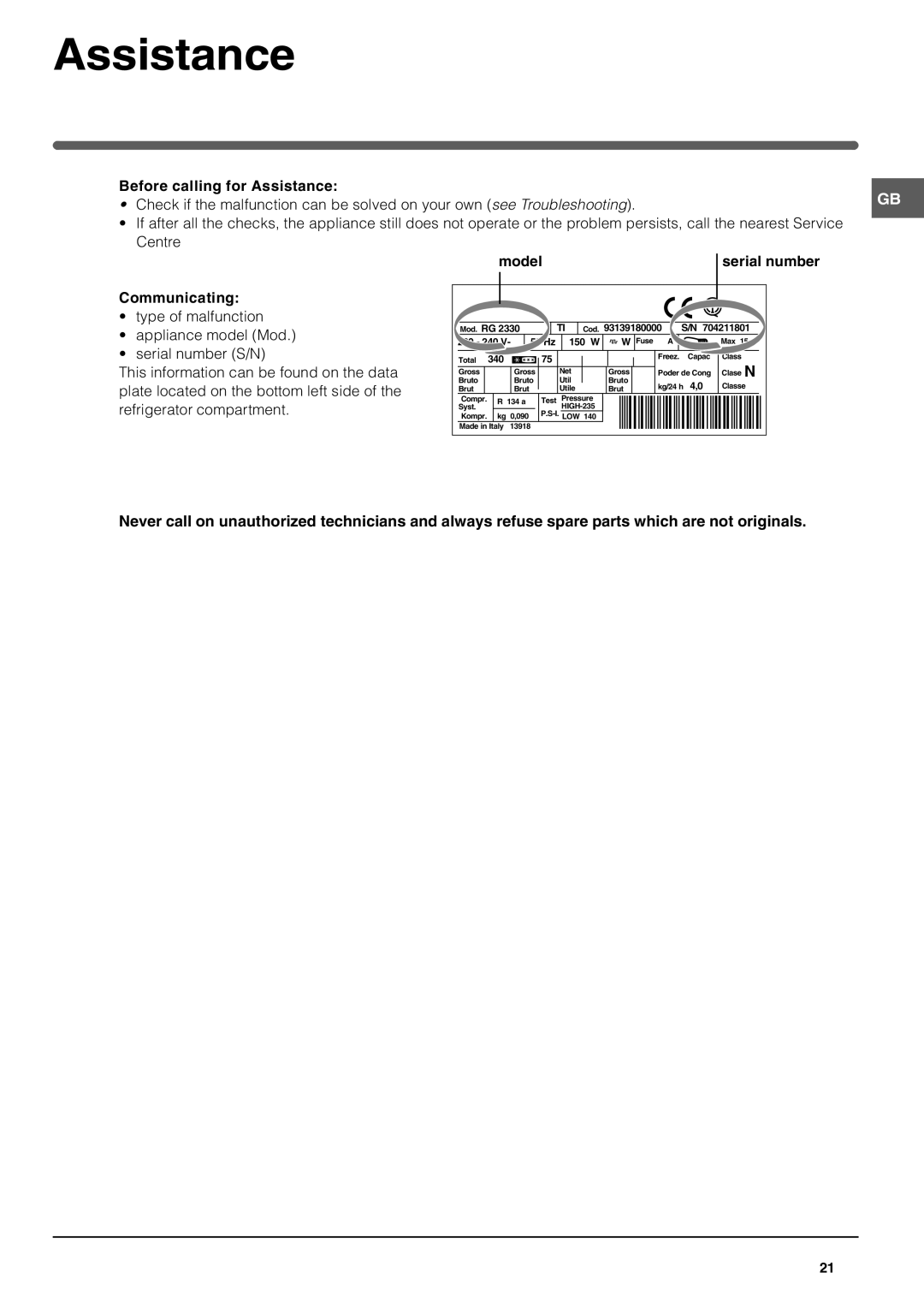 Indesit TAAN 25 operating instructions Assistance, Communicating, Model 