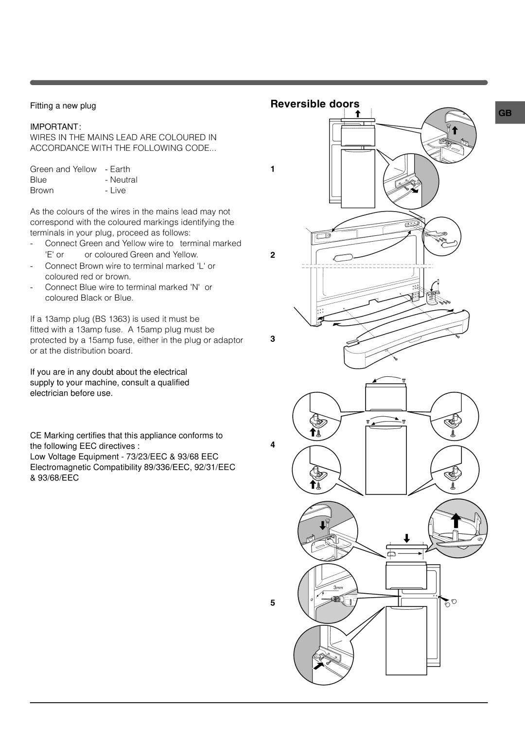 Indesit TAAN 25 operating instructions Reversible doors, Fitting a new plug 