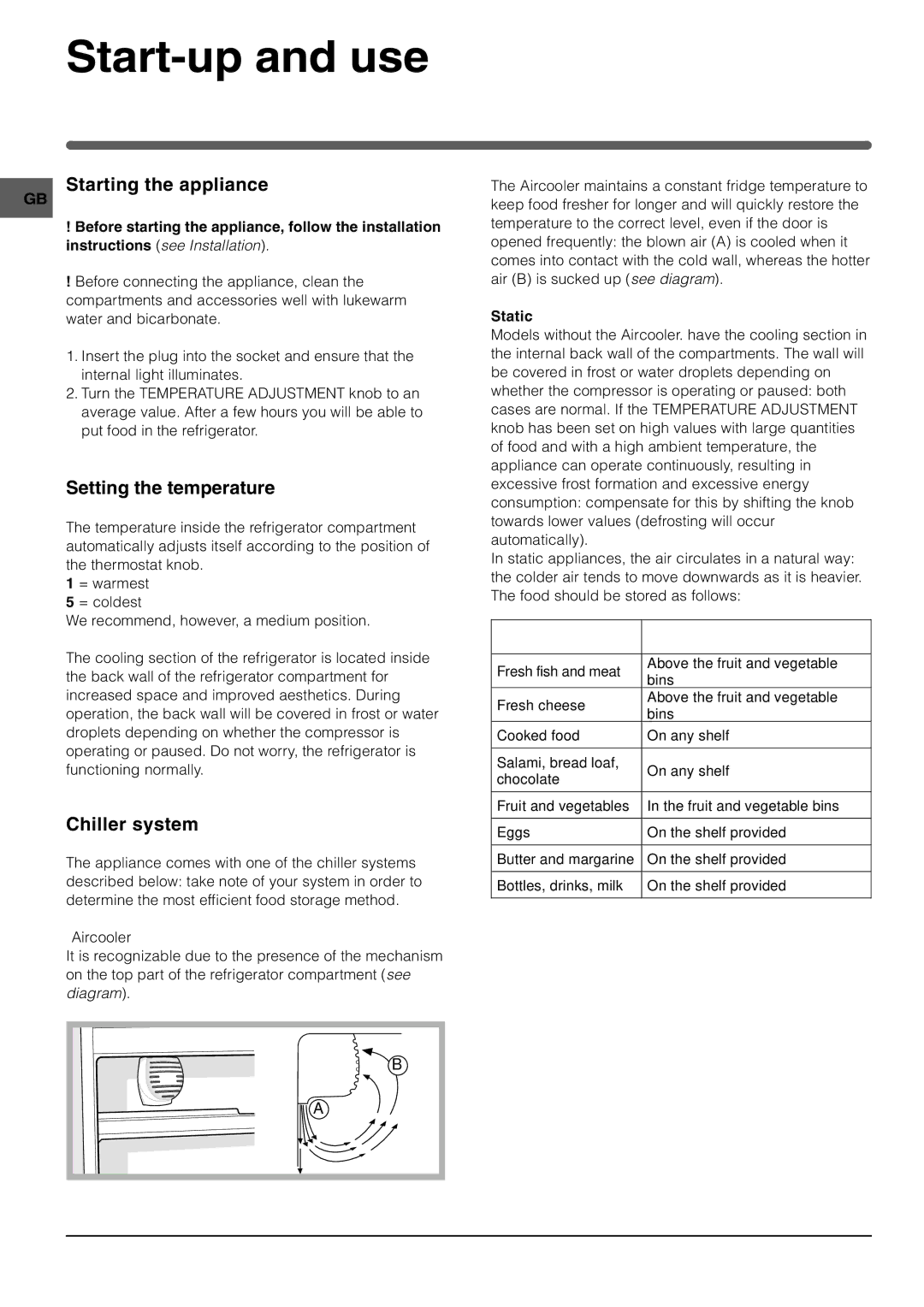 Indesit TAAN 25 Start-up and use, Starting the appliance, Setting the temperature, Chiller system, Static 