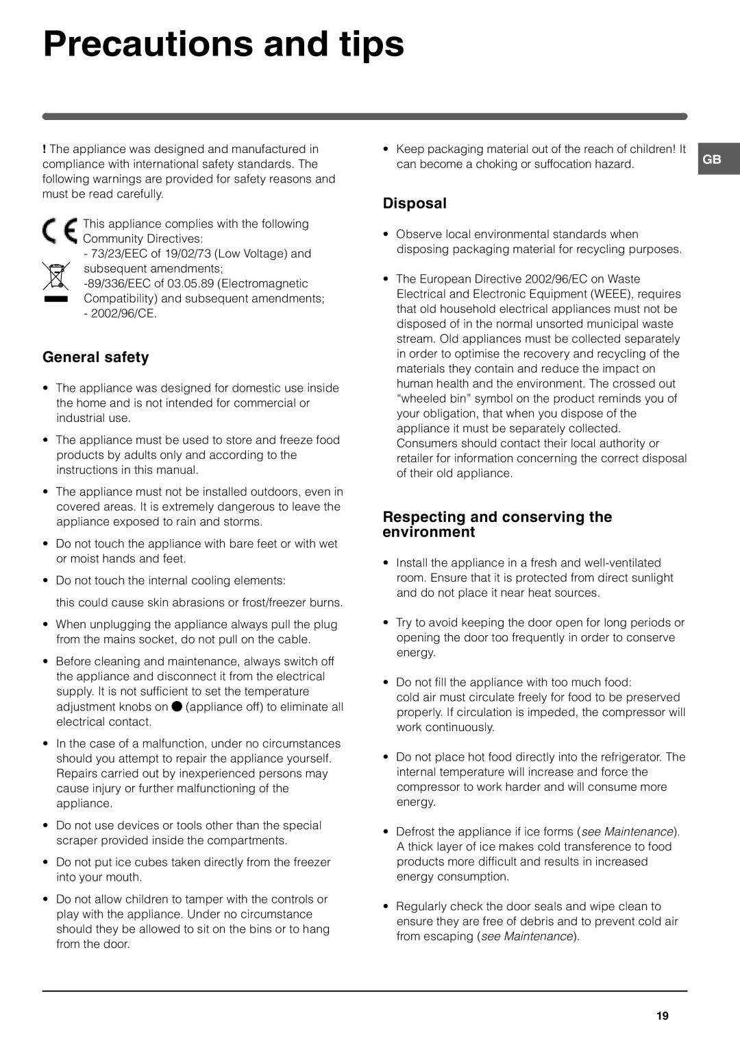 Indesit TAAN 25 Precautions and tips, General safety, Disposal, Respecting and conserving the environment 