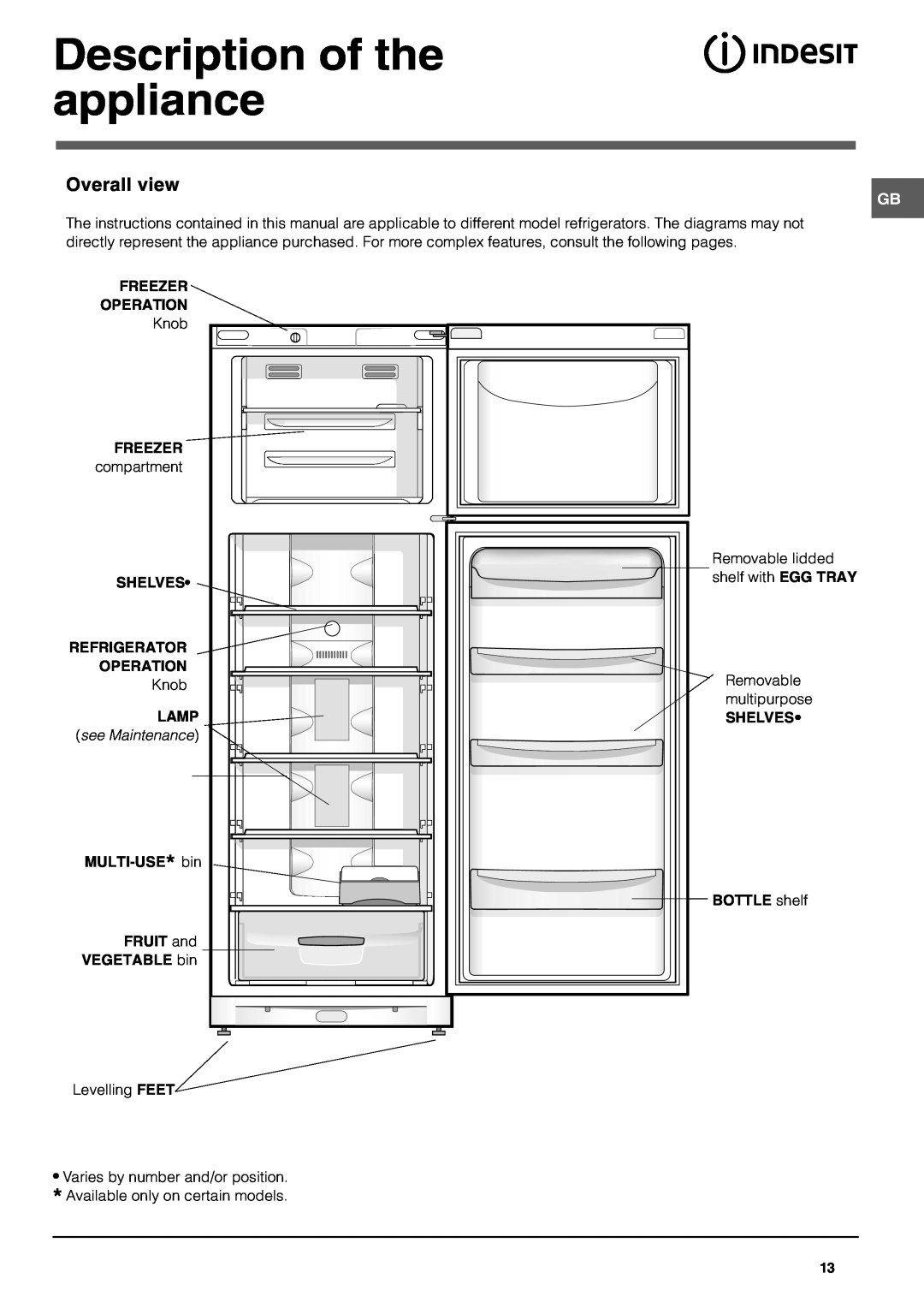 Indesit TAN 13 NF Description of the appliance, Freezer, Operation, Shelves, Refrigerator, Lamp, see Maintenance, SHELVESù 