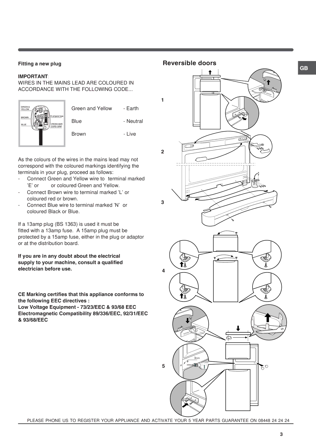 Indesit TAAN 6 FNF SI, TAN 6 FNF S manual Reversible doors, Fitting a new plug 