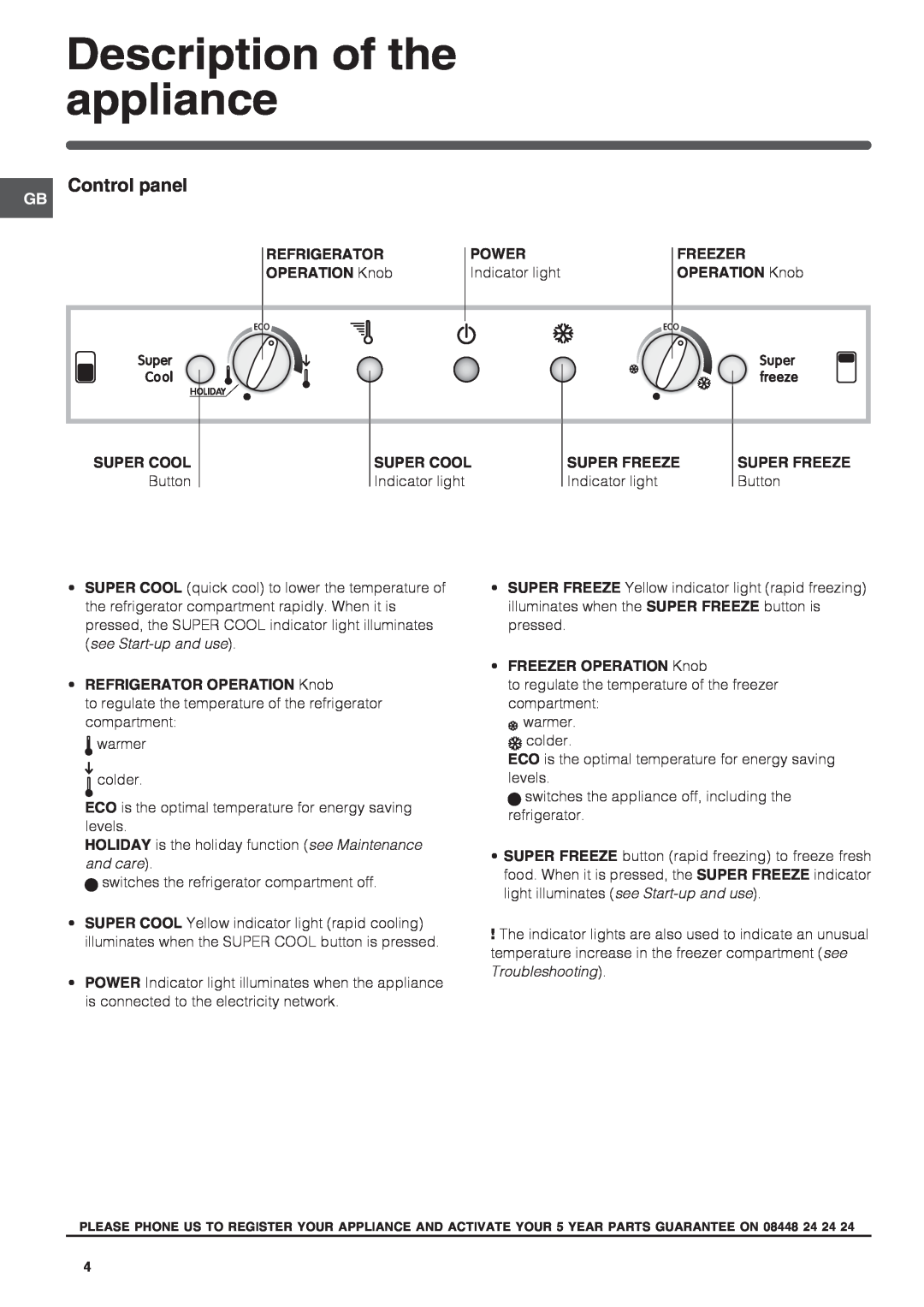 Indesit TAN 6 FNF S, TAAN 6 FNF SI manual Description of the appliance, Control panel, Super Freeze 