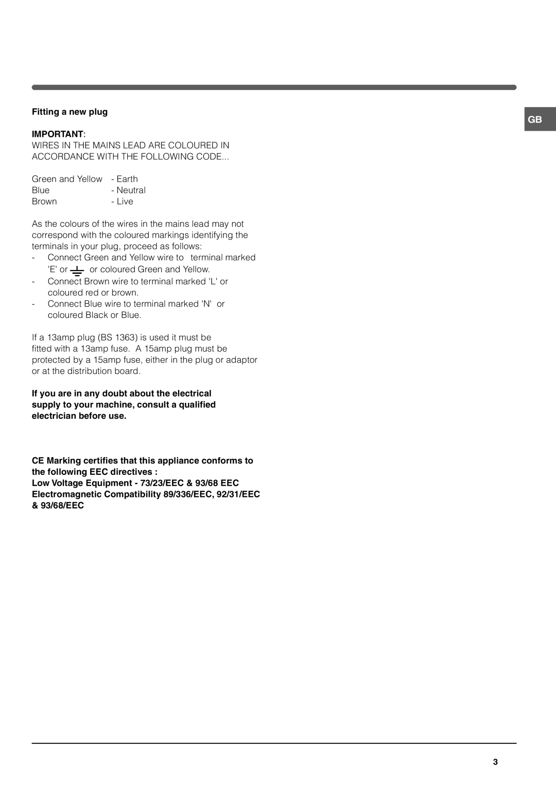 Indesit TFA1 operating instructions Fitting a new plug 