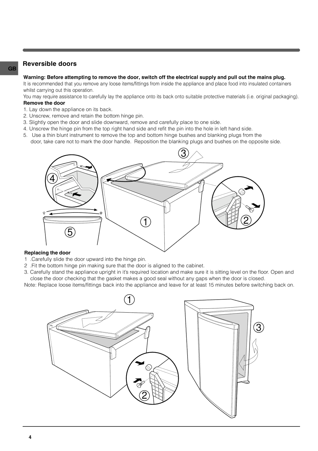 Indesit TLA1S manual Reversible doors, Remove the door, Replacing the door 