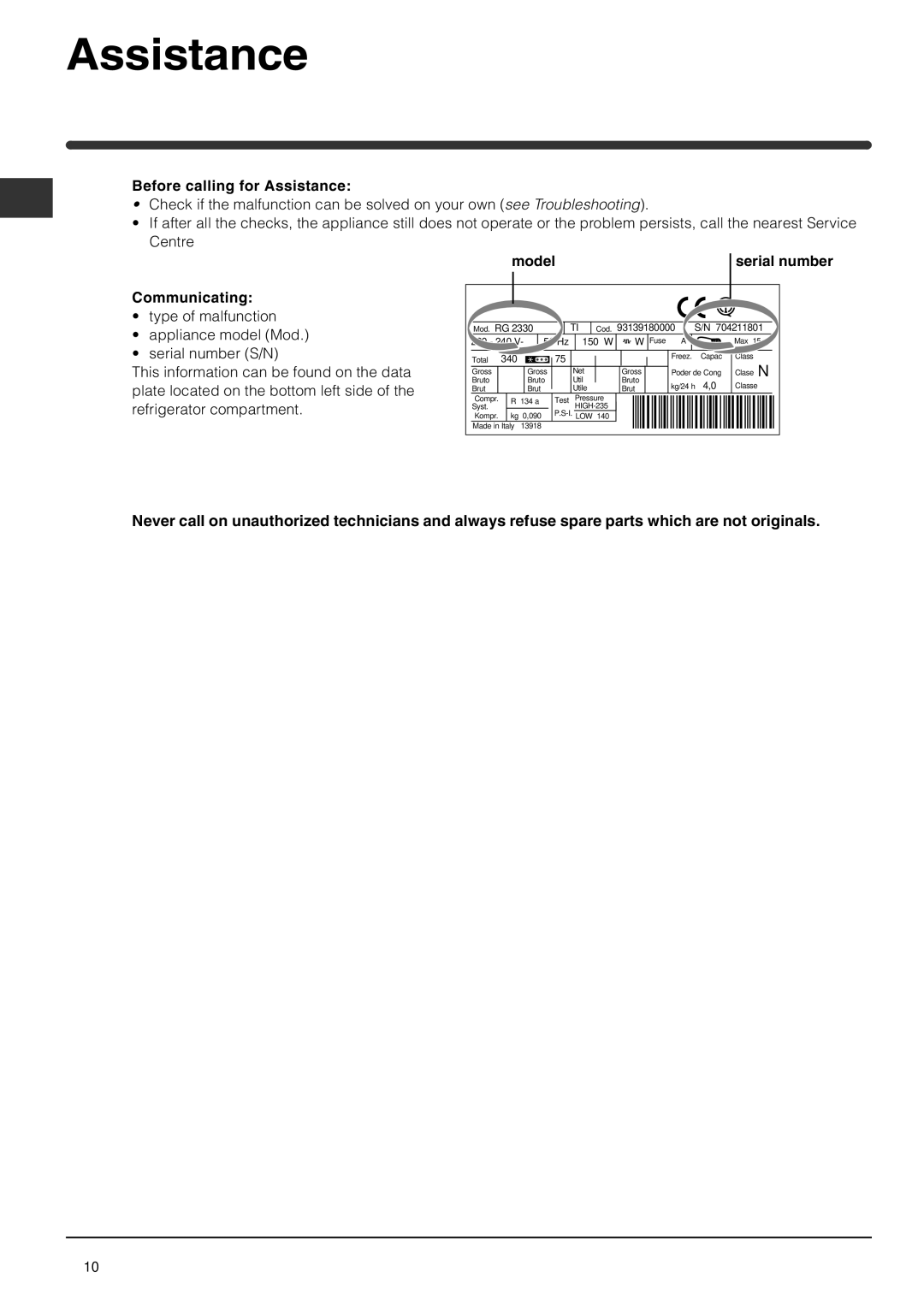 Indesit TZA 1 S operating instructions Assistance, Communicating, Model 