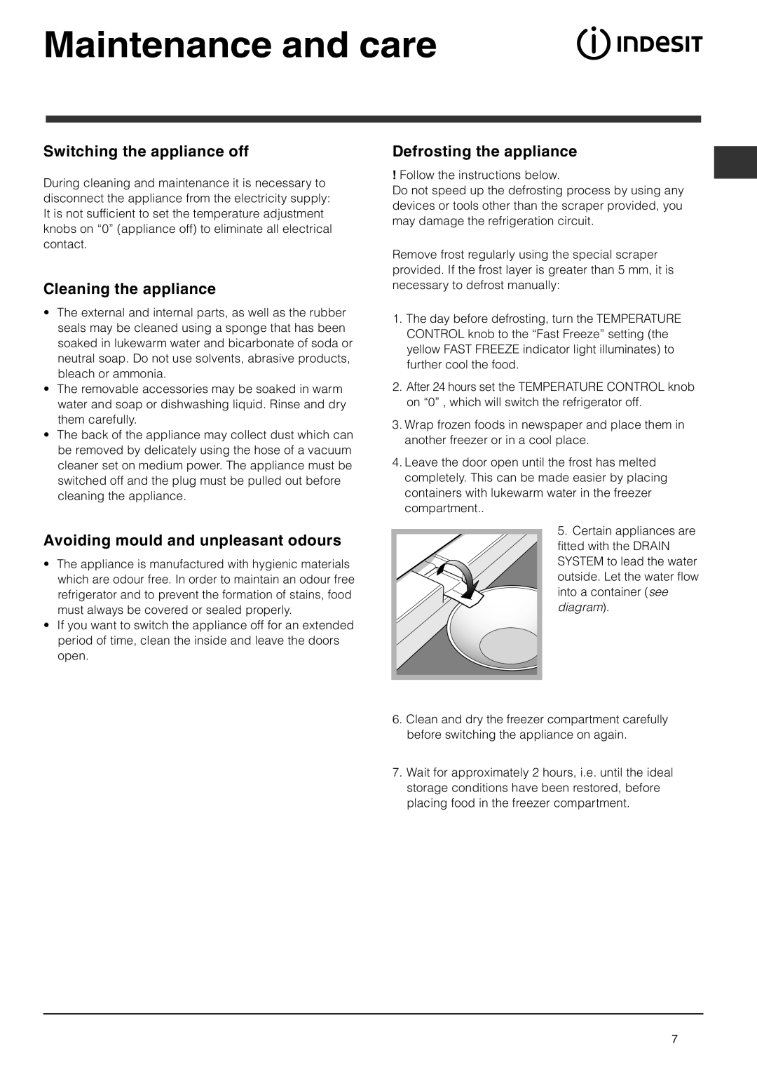 Indesit TZA 1 S Maintenance and care, Switching the appliance off, Defrosting the appliance, Cleaning the appliance 