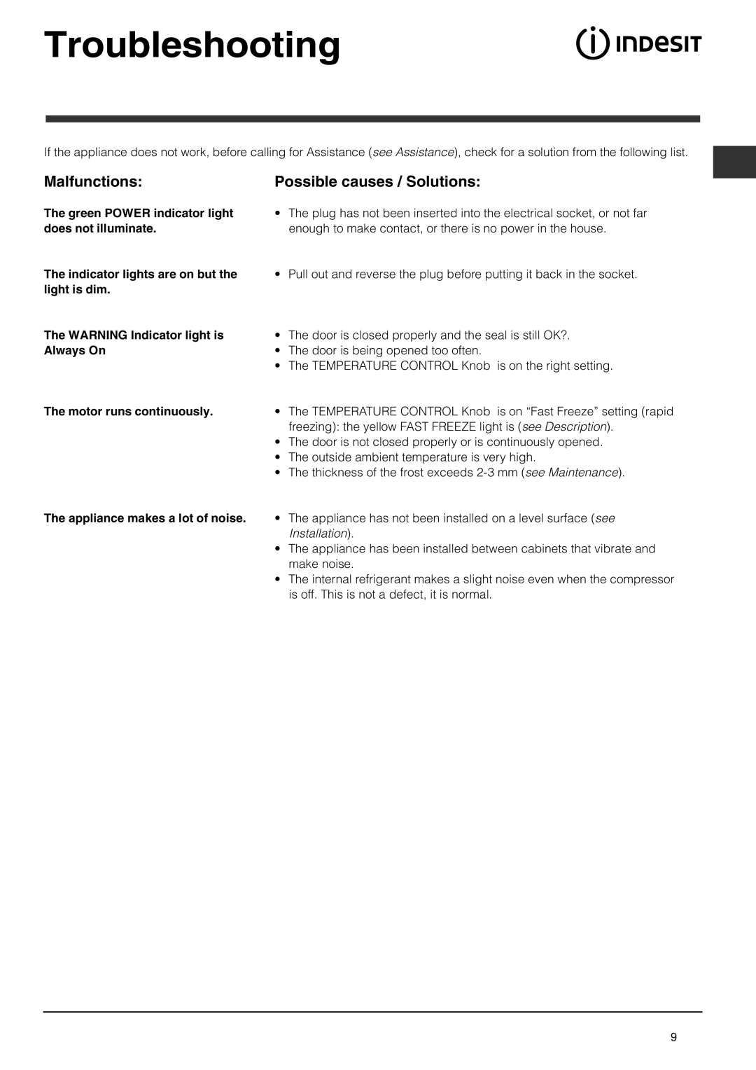 Indesit TZA 1 S Troubleshooting, Malfunctions Possible causes / Solutions, Appliance makes a lot of noise 