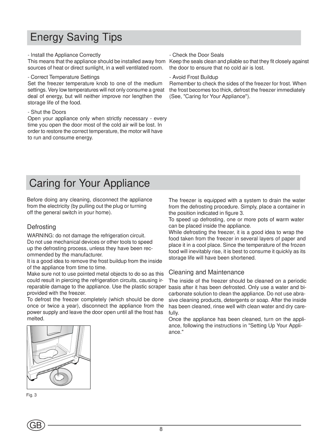 Indesit UFA 430 I manual Energy Saving Tips, Caring for Your Appliance, Defrosting, Cleaning and Maintenance 