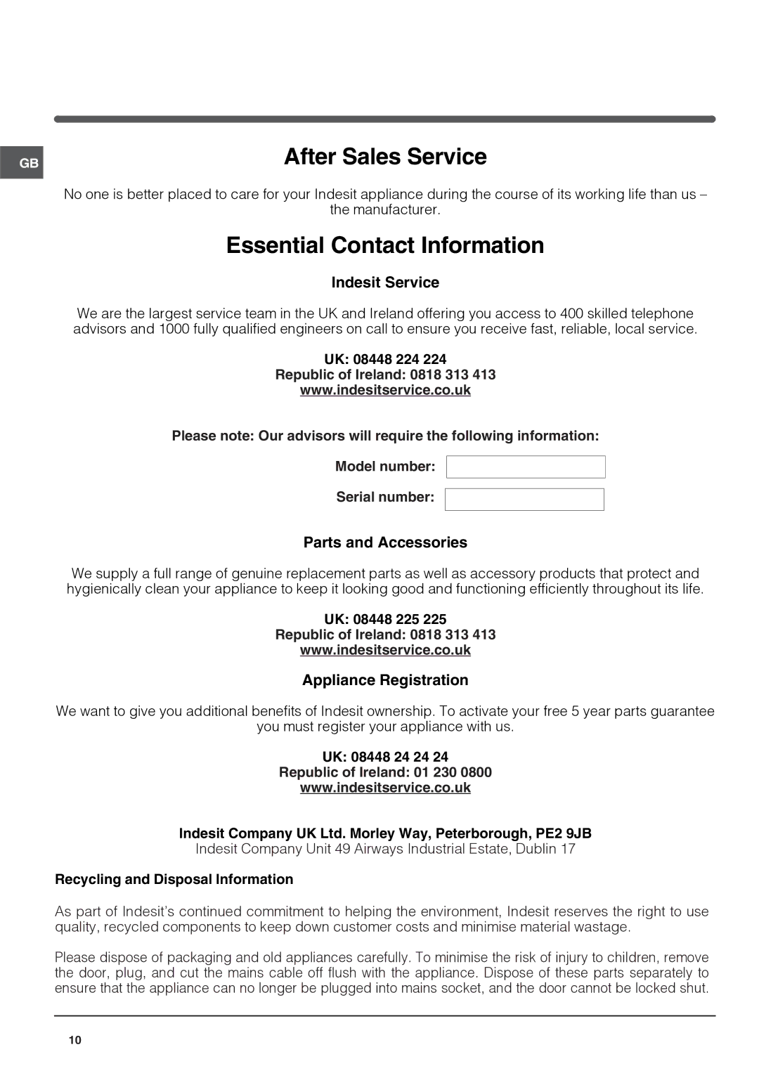 Indesit UFAN 400 NF operating instructions After Sales Service 