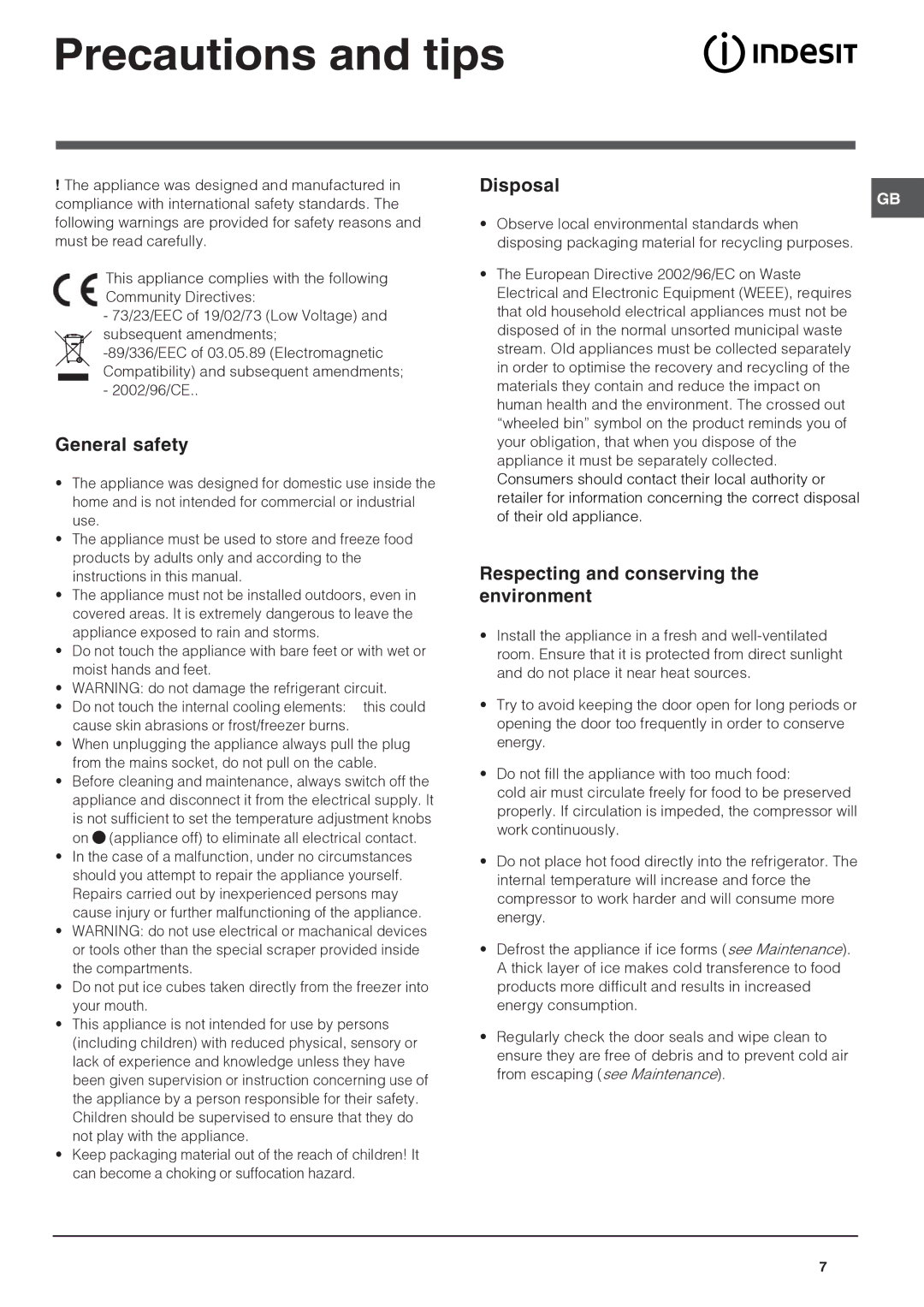 Indesit UFAN 400 NF Precautions and tips, General safety, Disposal, Respecting and conserving the environment 