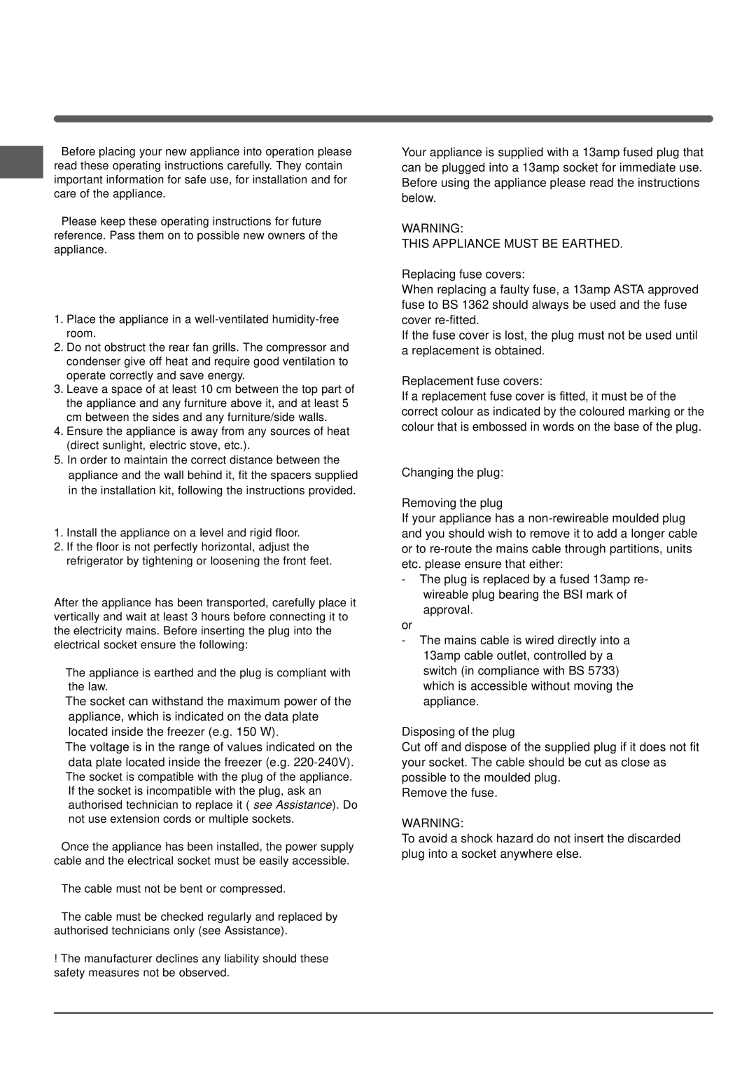 Indesit UFAN 300, UFAN 400 S manual Installation, Positioning and connection 