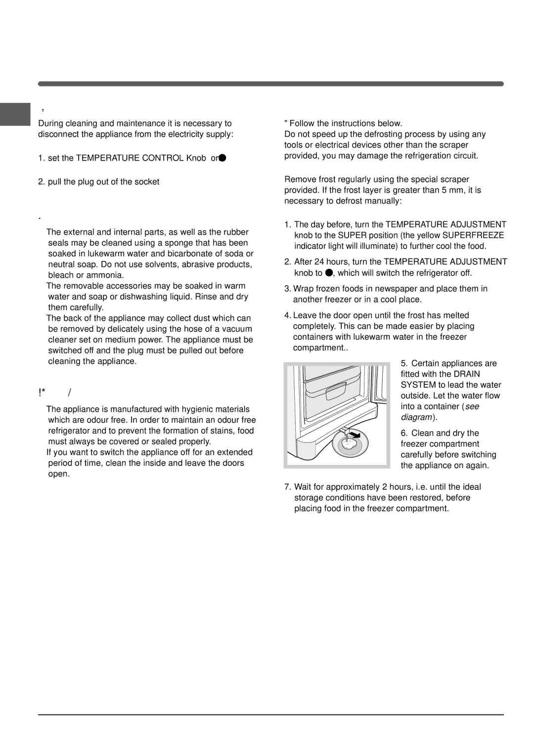 Indesit UFAN 400 S Maintenance and care, Switching the appliance off, Defrosting the appliance, Cleaning the appliance 