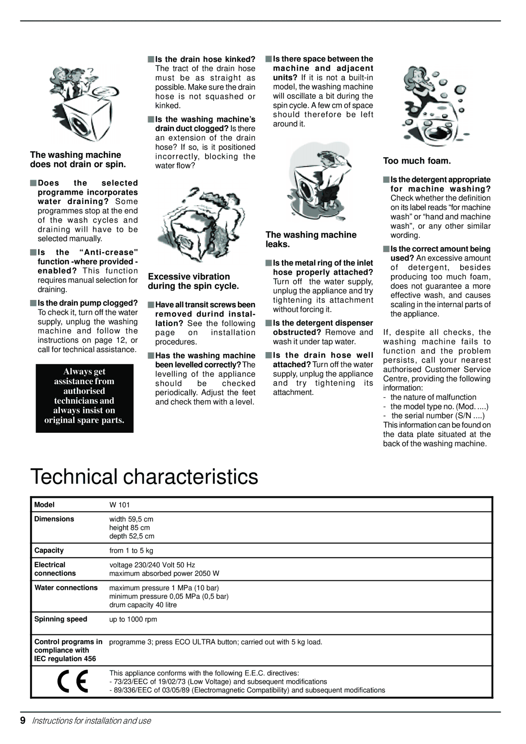 Indesit W 101 manual Technical characteristics 