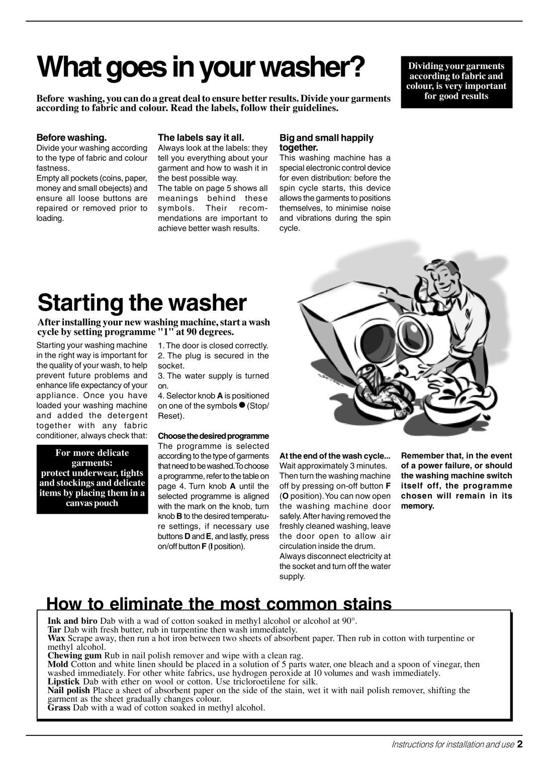 Indesit W 103 How to eliminate the most common stains, What goes in your washer?, Starting the washer, Before washing 
