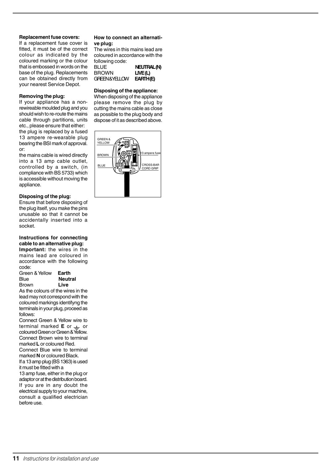 Indesit W 113 manual Replacement fuse covers, Removing the plug, Earth, Neutral, Live, How to connect an alternati- ve plug 