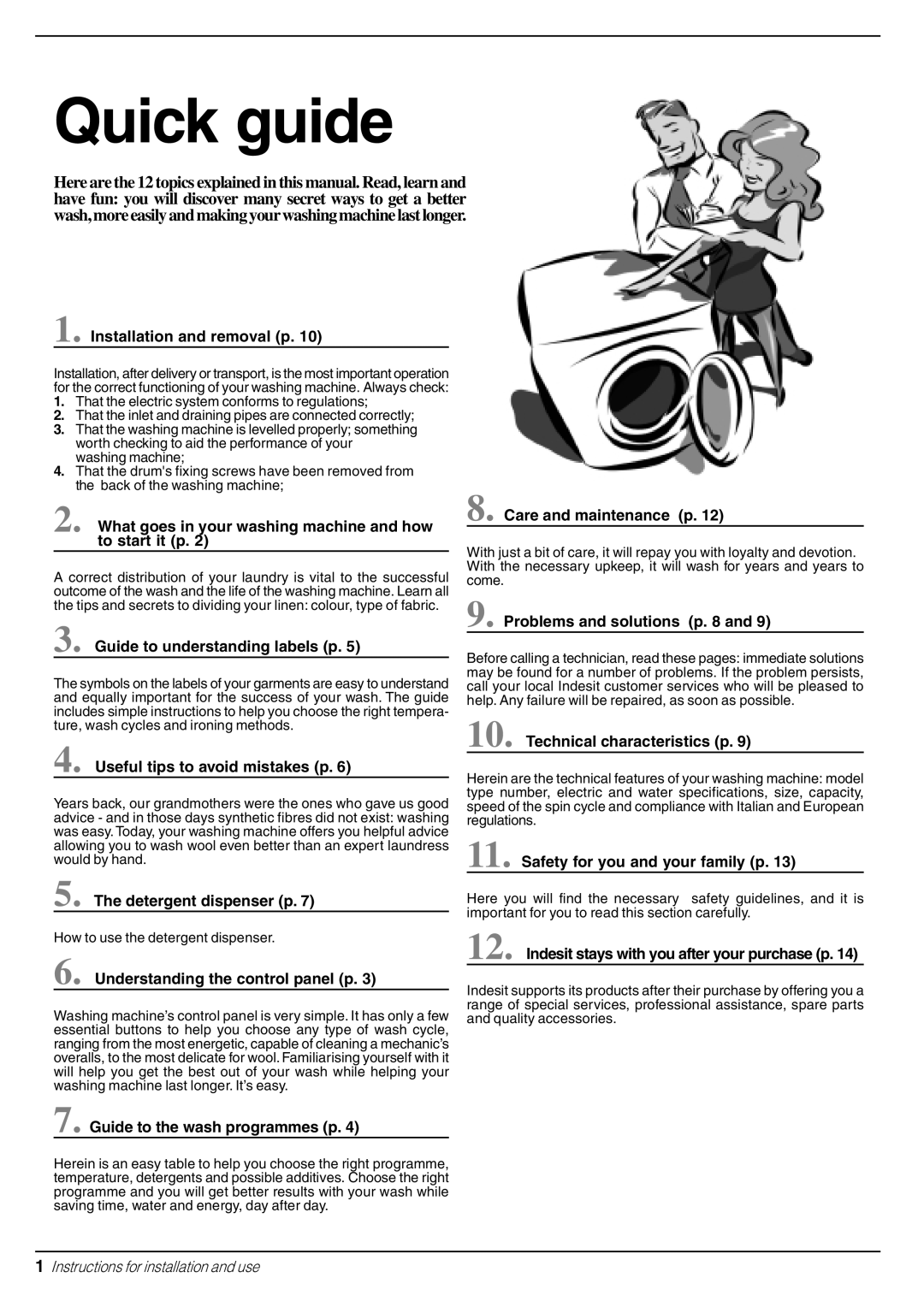 Indesit W 113 Installation and removal p, What goes in your washing machine and how to start it p, Detergent dispenser p 