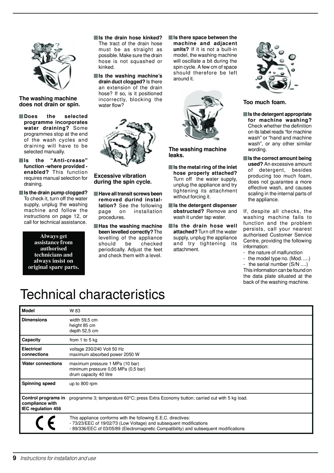 Indesit W83 manual Technical characteristics 