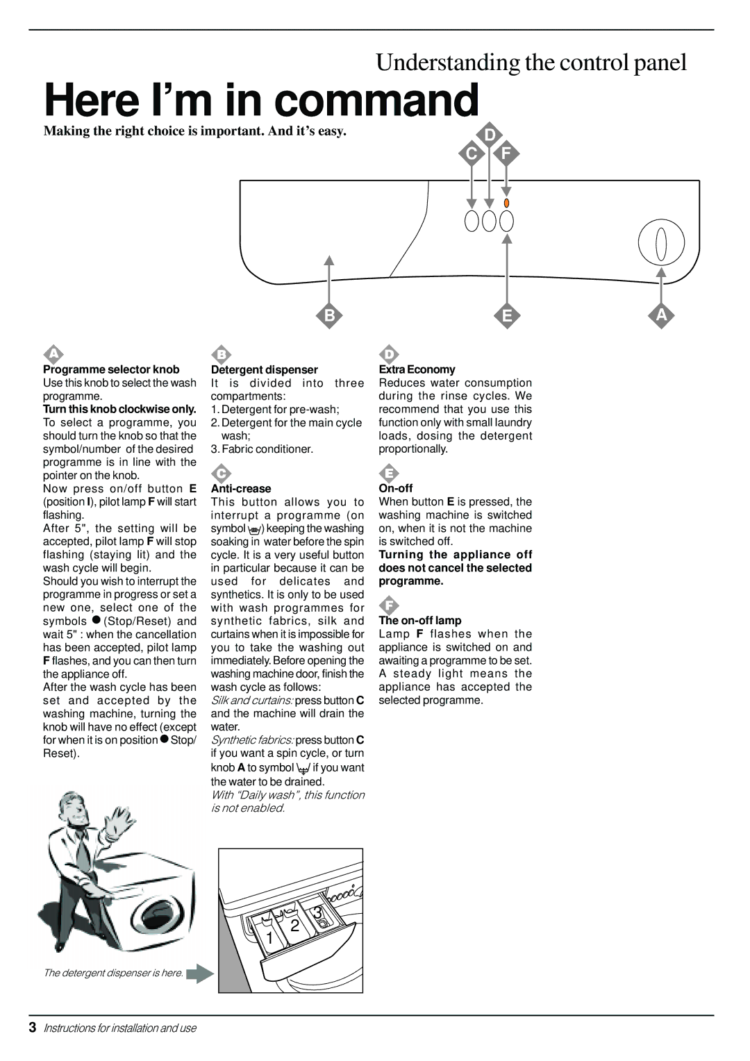 Indesit W83 manual Detergent dispenser, Anti-crease, Extra Economy, On-off 
