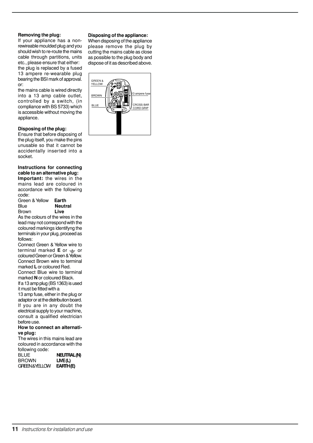 Indesit WA 115 manual Removing the plug, Earth, Neutral, Live, How to connect an alternati- ve plug 