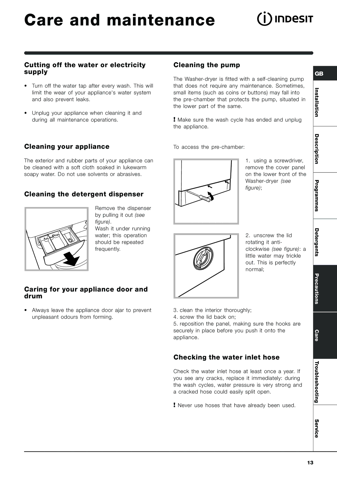 Indesit Washer-Dryer manual Care and maintenance 