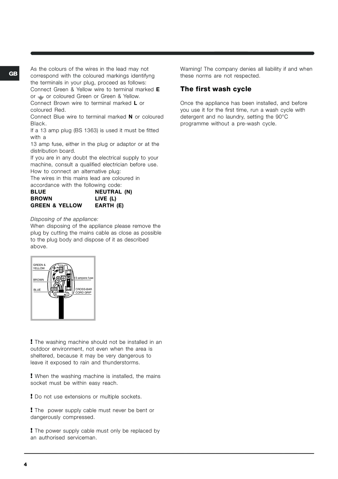 Indesit Washer-Dryer manual First wash cycle, Blue Neutral N Brown Live L Green & Yellow Earth E 