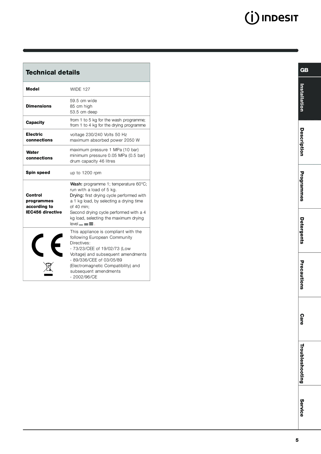 Indesit Washer-Dryer manual Technical details 