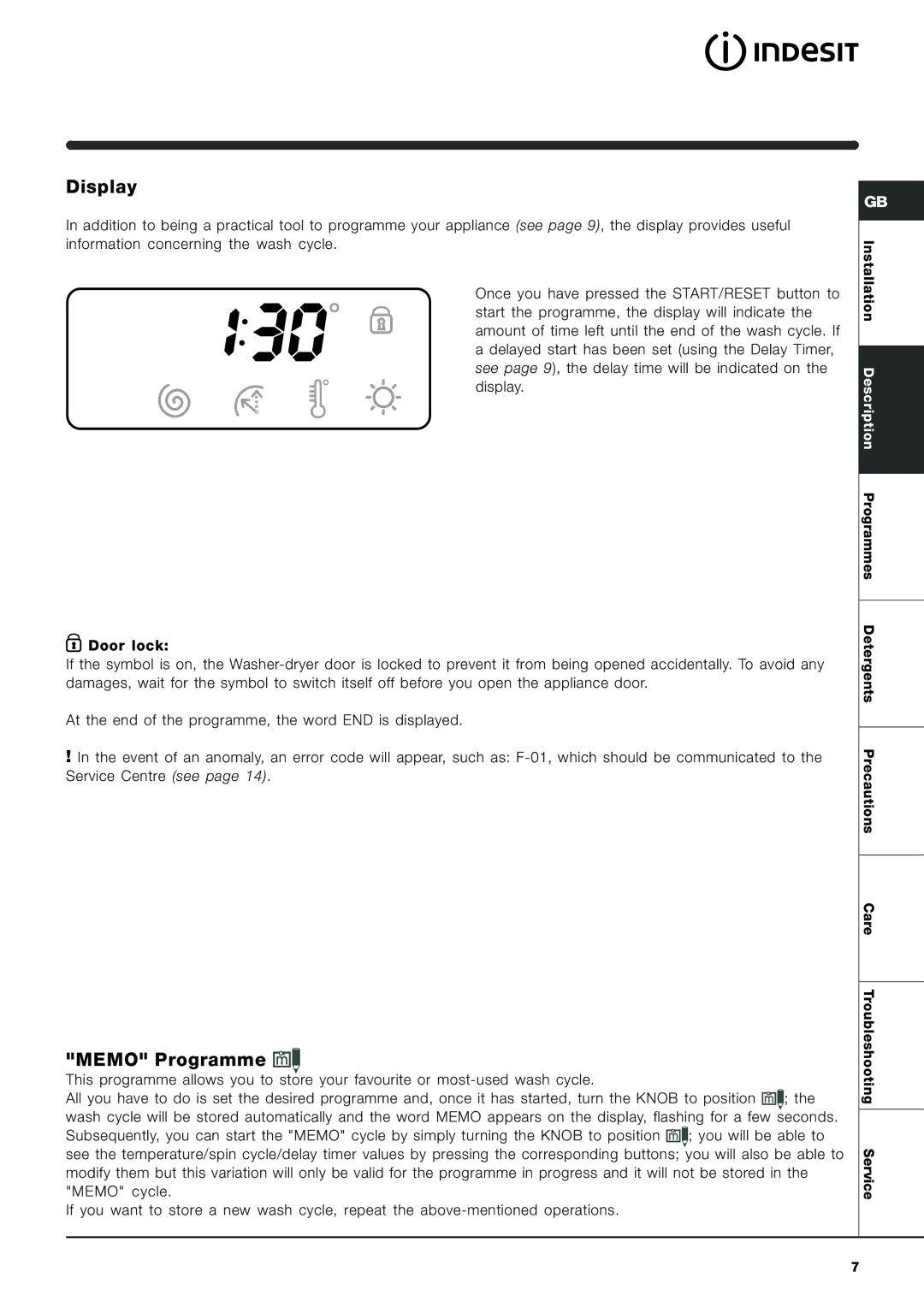 Indesit Washer-Dryer manual Display, Memo Programme 