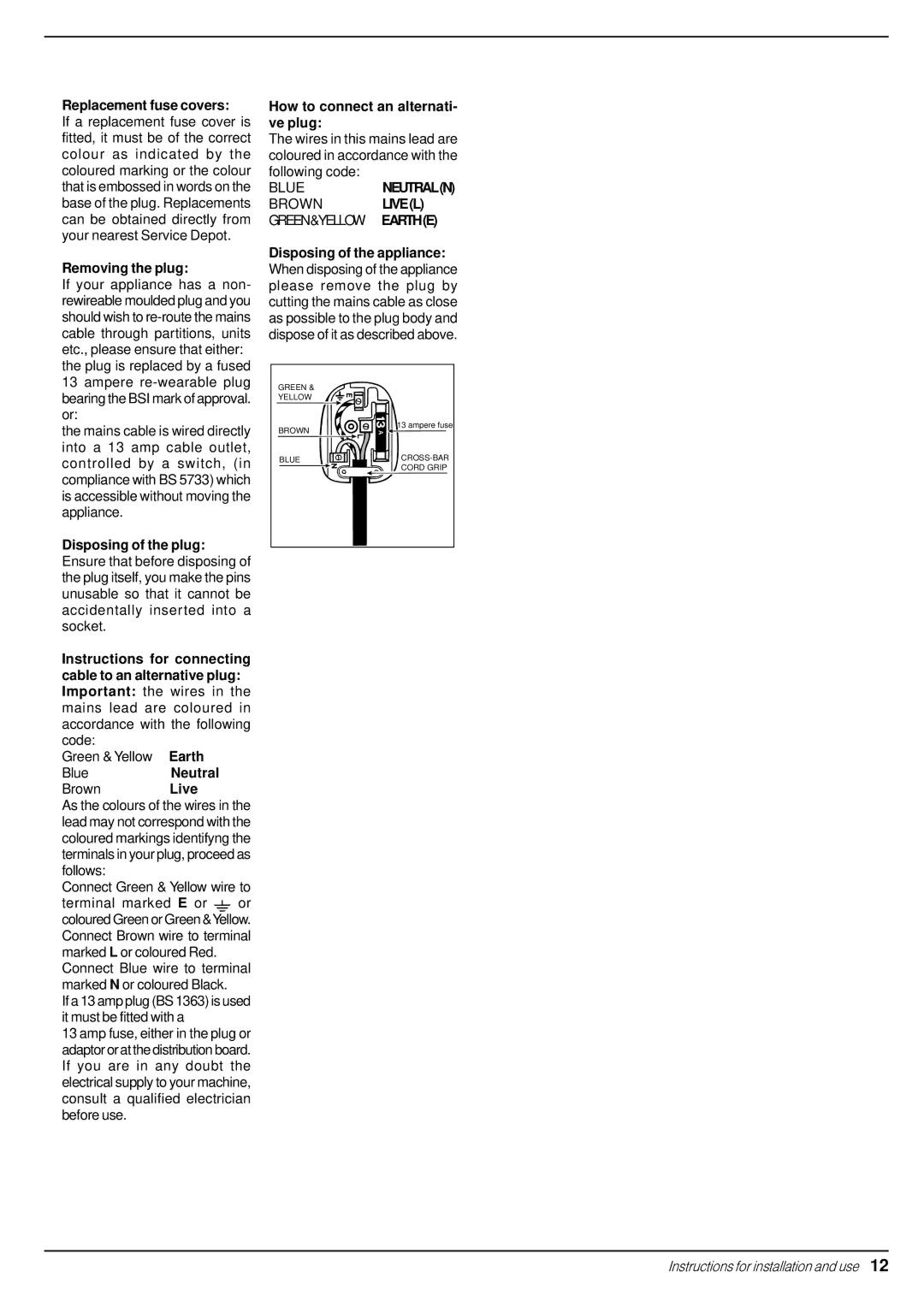 Indesit WD 11 manual Replacement fuse covers, Removing the plug, Earth, Neutral, Live, How to connect an alternati- ve plug 