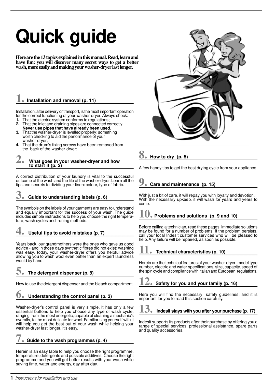 Indesit WD 12 X Installation and removal p, Guide to understanding labels p Care and maintenance p, Detergent dispenser p 