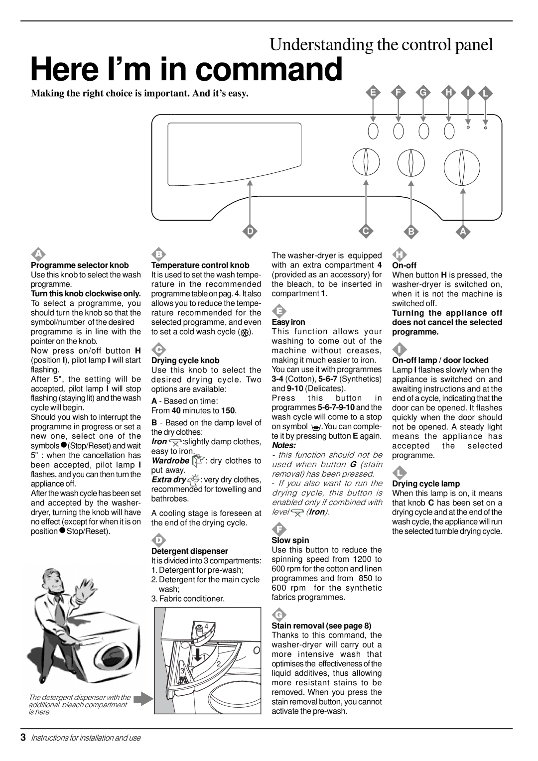Indesit WD 12 X manual Temperature control knob, Drying cycle knob, Detergent dispenser, Easy iron, Slow spin, On-off 
