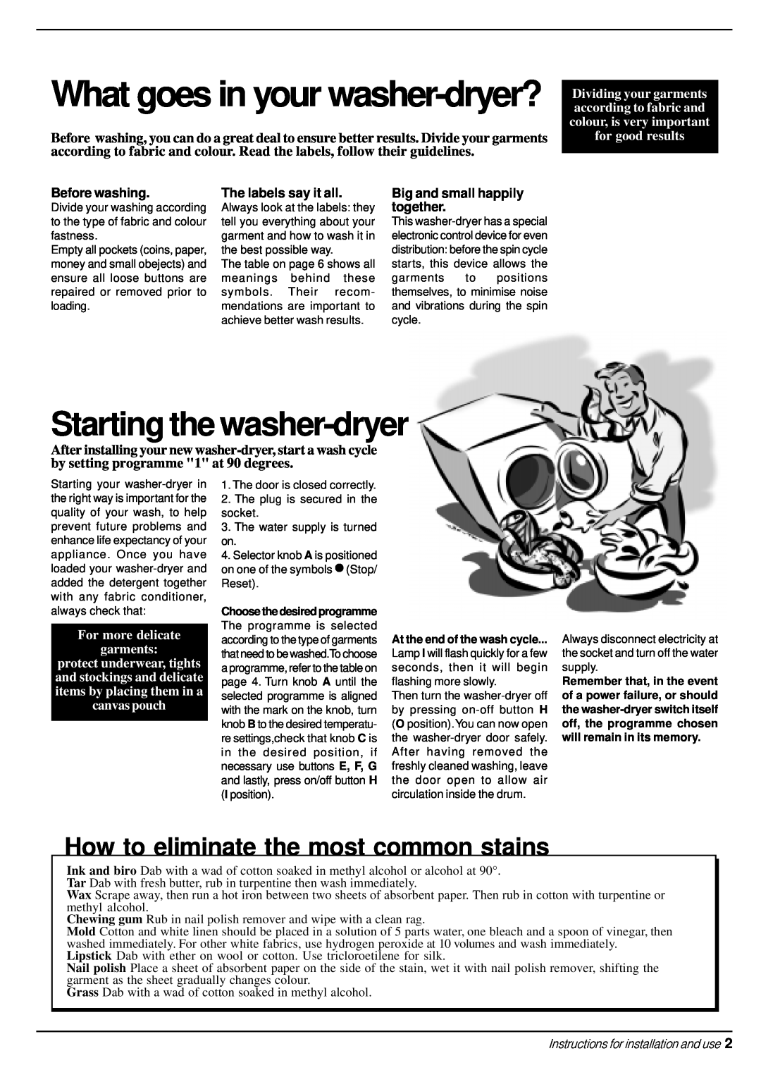 Indesit WD 12 X manual What goes in your washer-dryer?, How to eliminate the most common stains, Starting the washer-dryer 