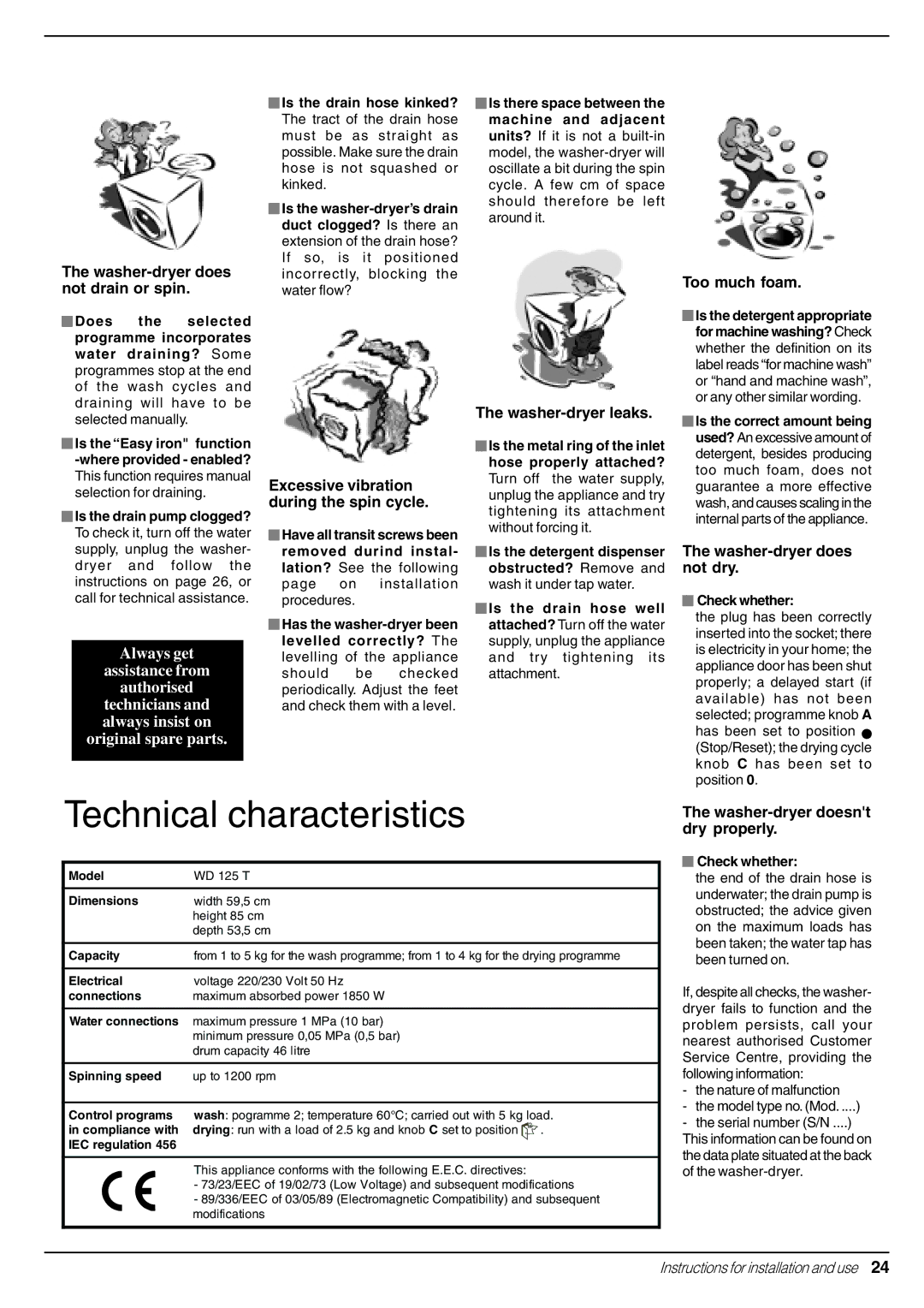 Indesit WD 125 T manual Washer-dryer does not drain or spin, Excessive vibration during the spin cycle, Washer-dryer leaks 