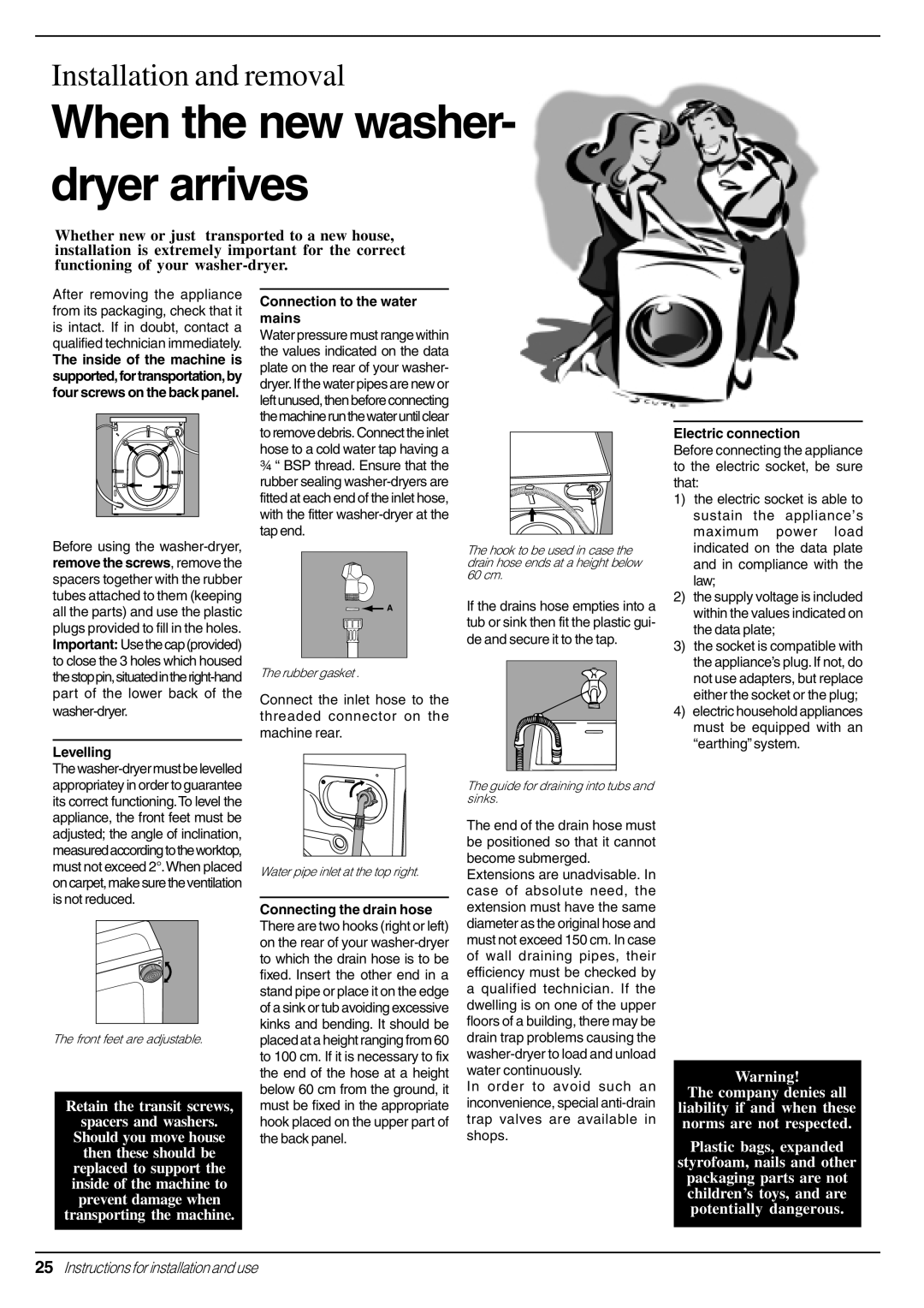 Indesit WD 125 T manual Connection to the water mains, Electric connection, Levelling, Connecting the drain hose 