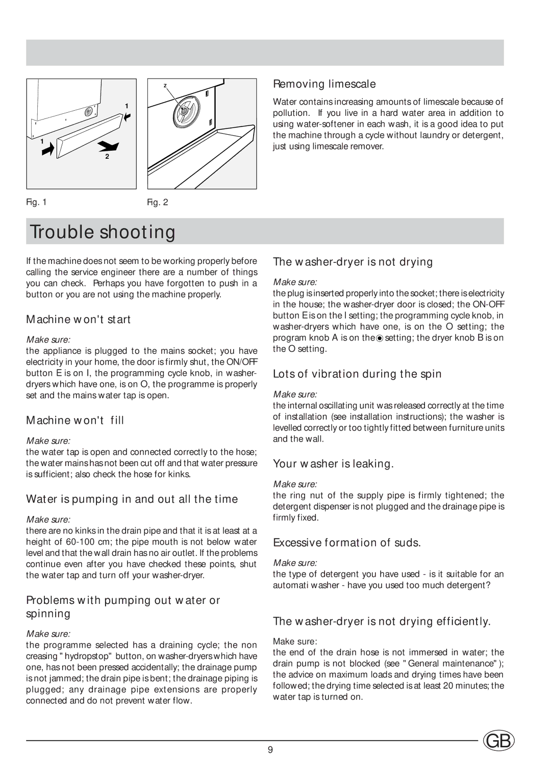 Indesit WDG1195WG/1 manual Trouble shooting 