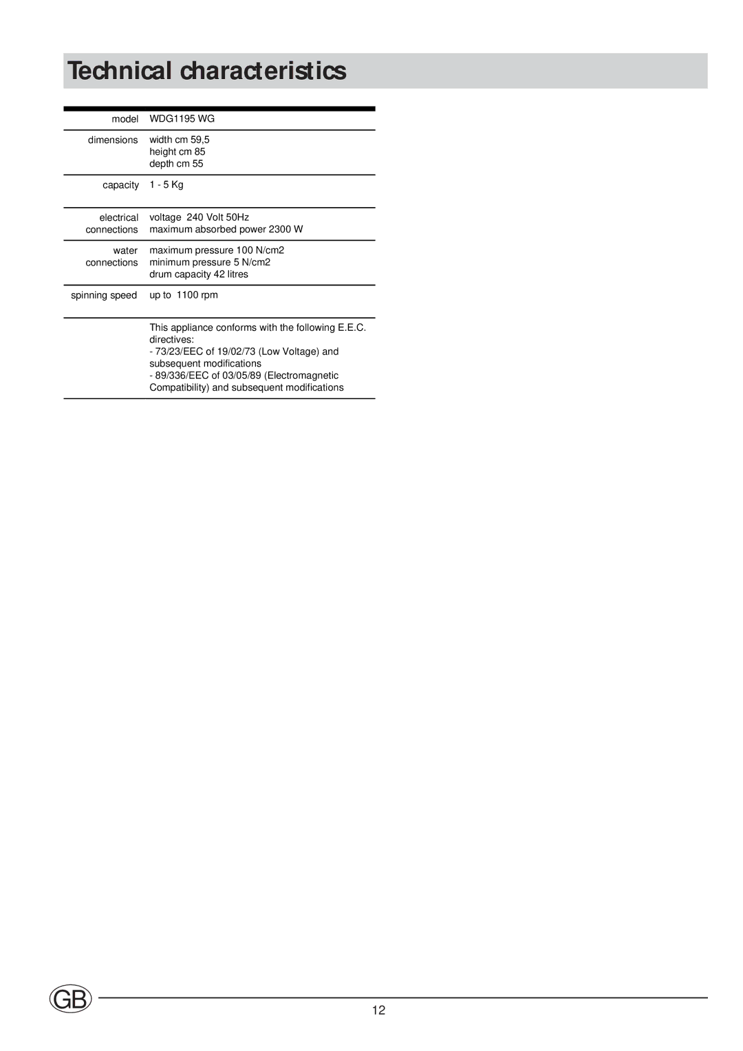 Indesit WDG1195WG/1 manual Technical characteristics 