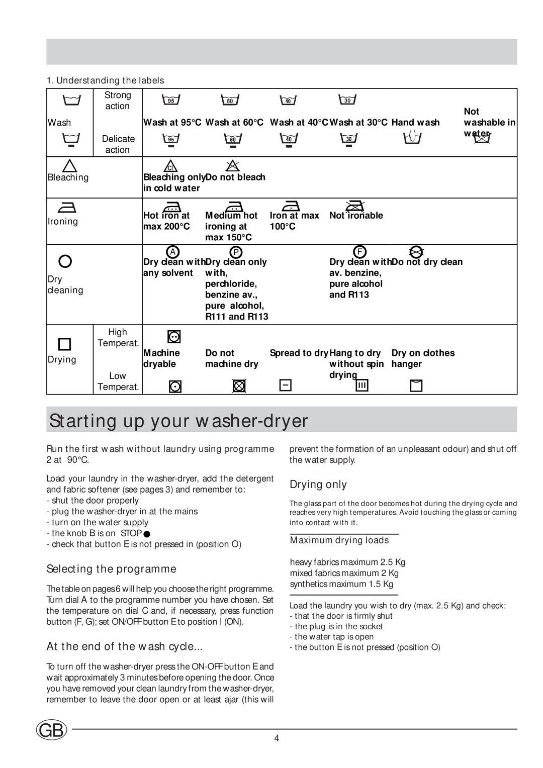 Indesit WDG1195WG manual Starting up your washer-dryer, Selecting the programme, At the end of the wash cycle, Drying only 