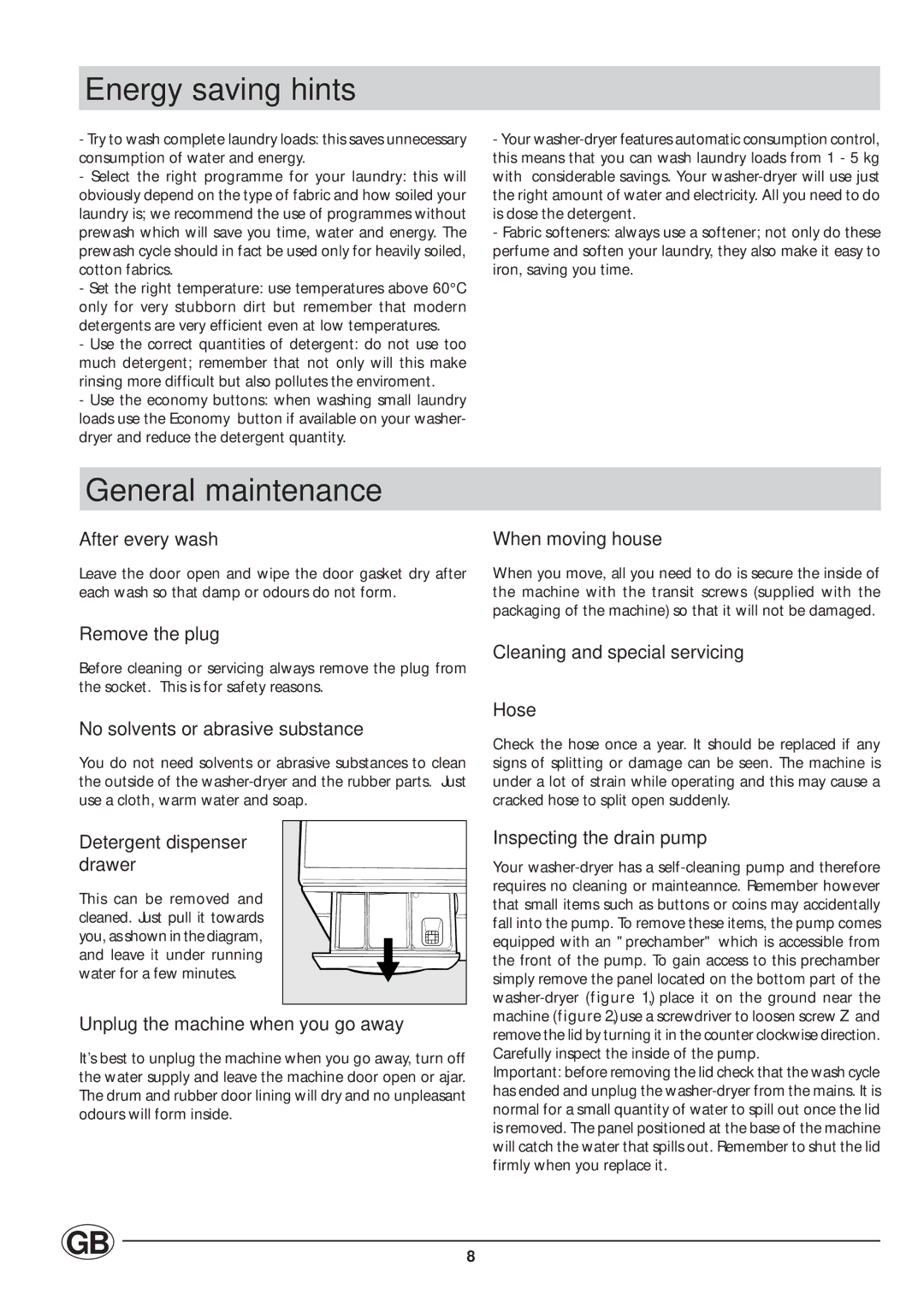 Indesit WDG1195WG/1 manual Energy saving hints, General maintenance 