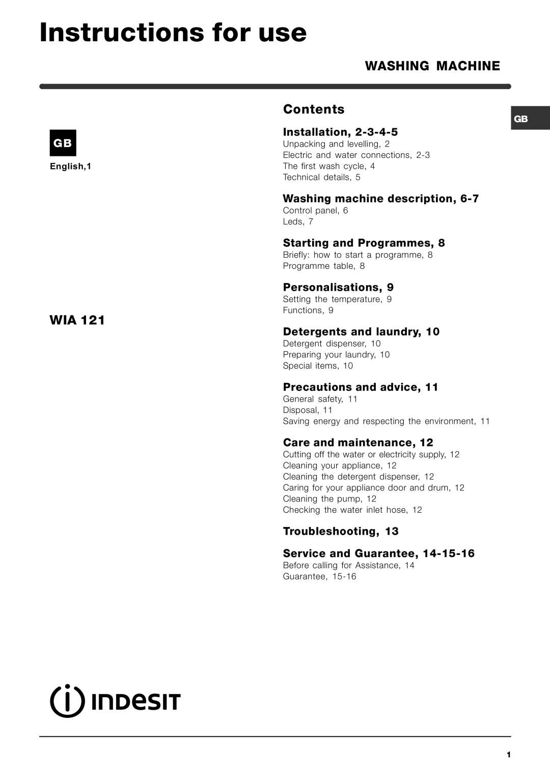 Indesit WIA 121 manual Instructions for use, Washing Machine 