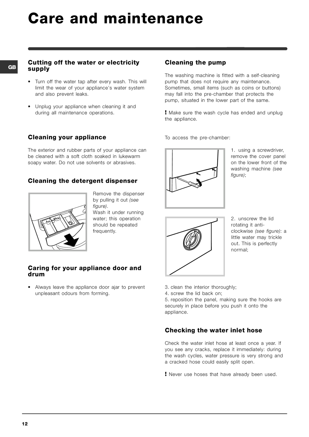 Indesit WIA 121 manual Care and maintenance 