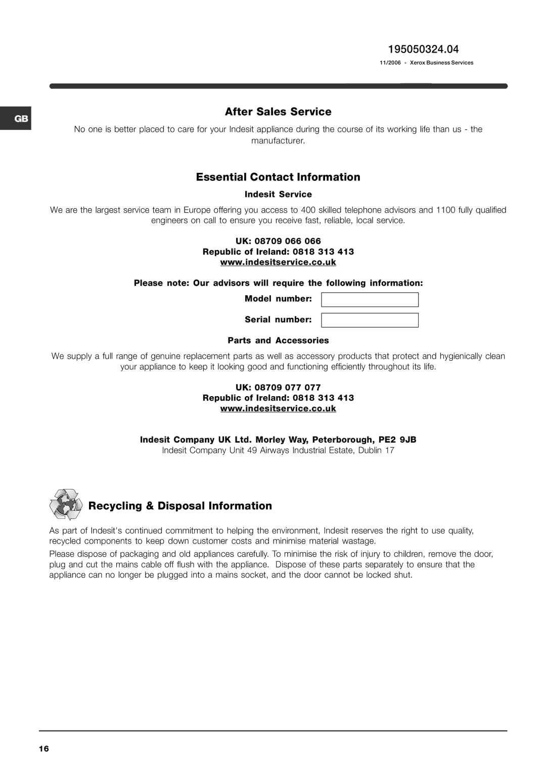 Indesit WIA 121 manual 195050324.04, After Sales Service, Essential Contact Information, Recycling & Disposal Information 